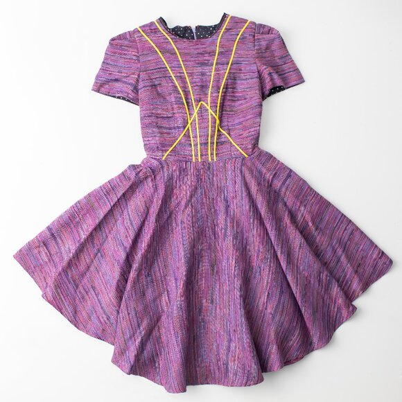 Handmade Dresses & Skirts - Handmade Women's Small Purple Fit Flare Dress Yellow Piping Short Sleeve Pockets